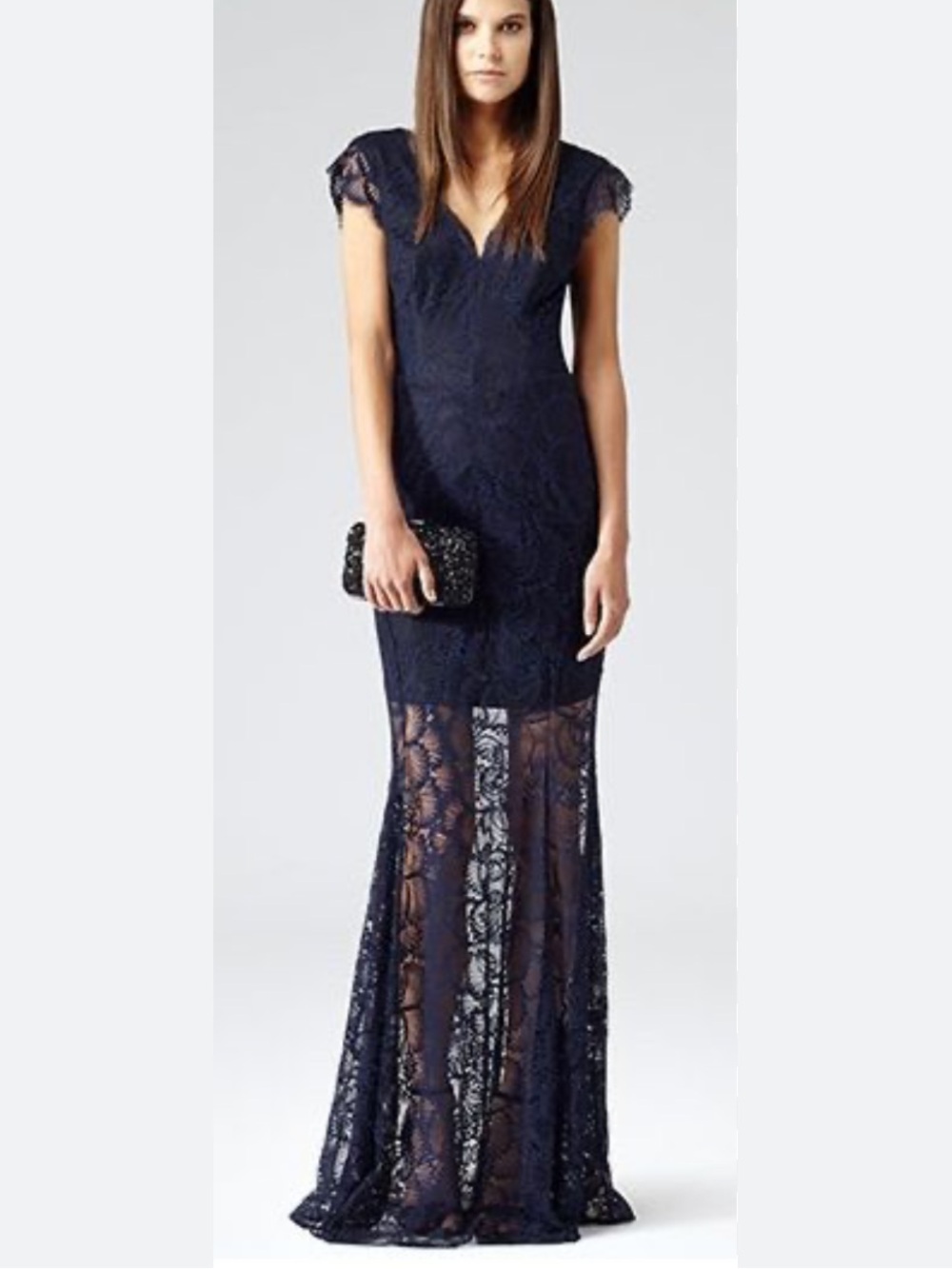Reiss Ambrosia Navy Sheer Lace Maxi Dress Gown